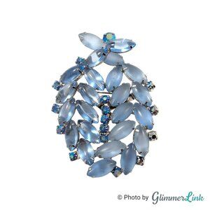 VTG Blue Navette & Aurora Borealis Rhinestones Silver Tone Mid Century Brooch